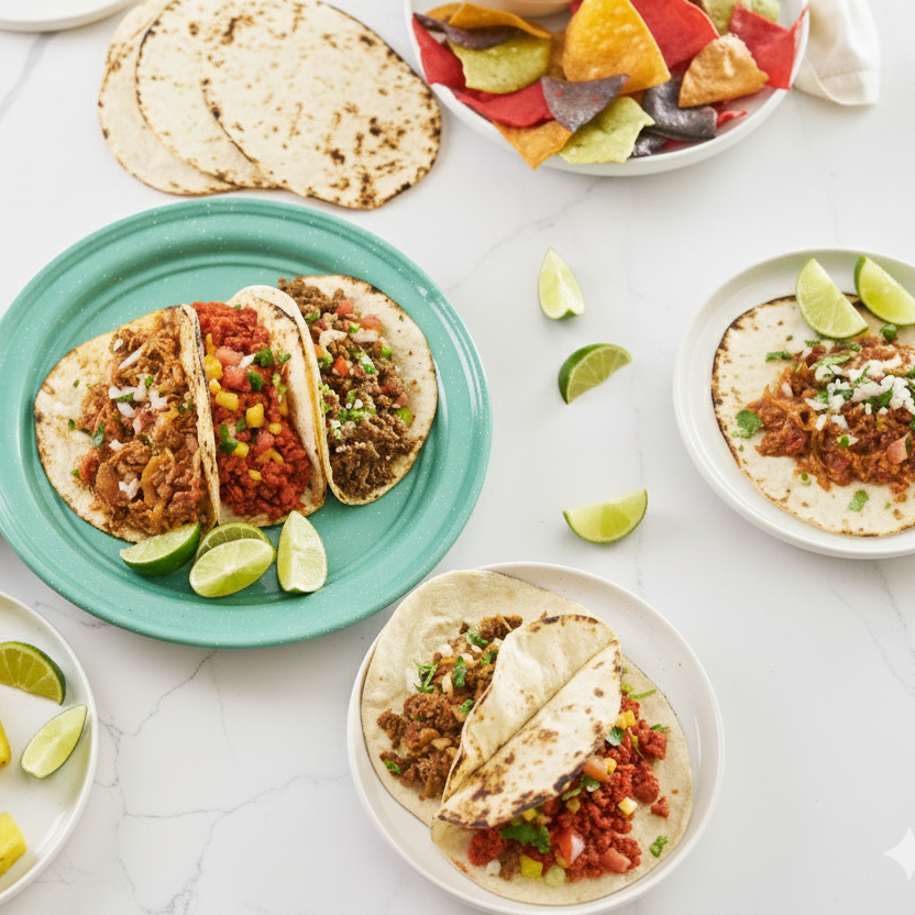 Plates of tacos with sides on a white table
