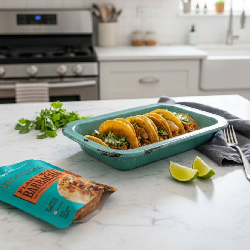 Tacos in a green dish on a kitchen counter with a package of tortillas and lime wedges.